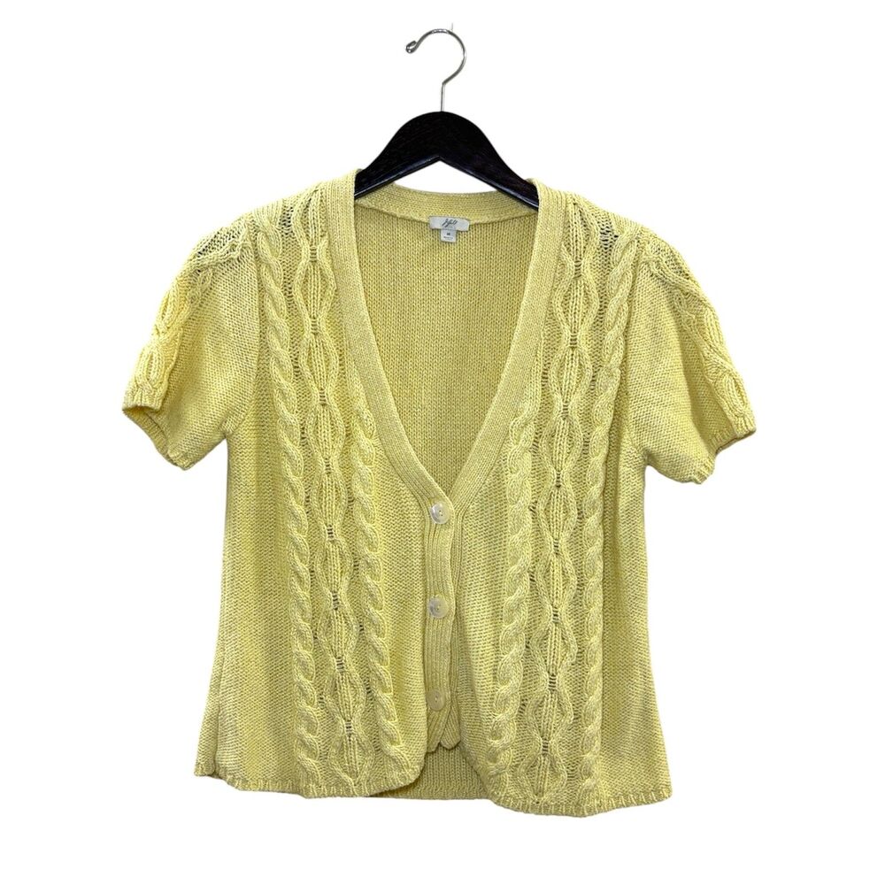 J. Jill Cable Knit Short Sleeve Button Front Cardigan Butter Yellow Size Medium